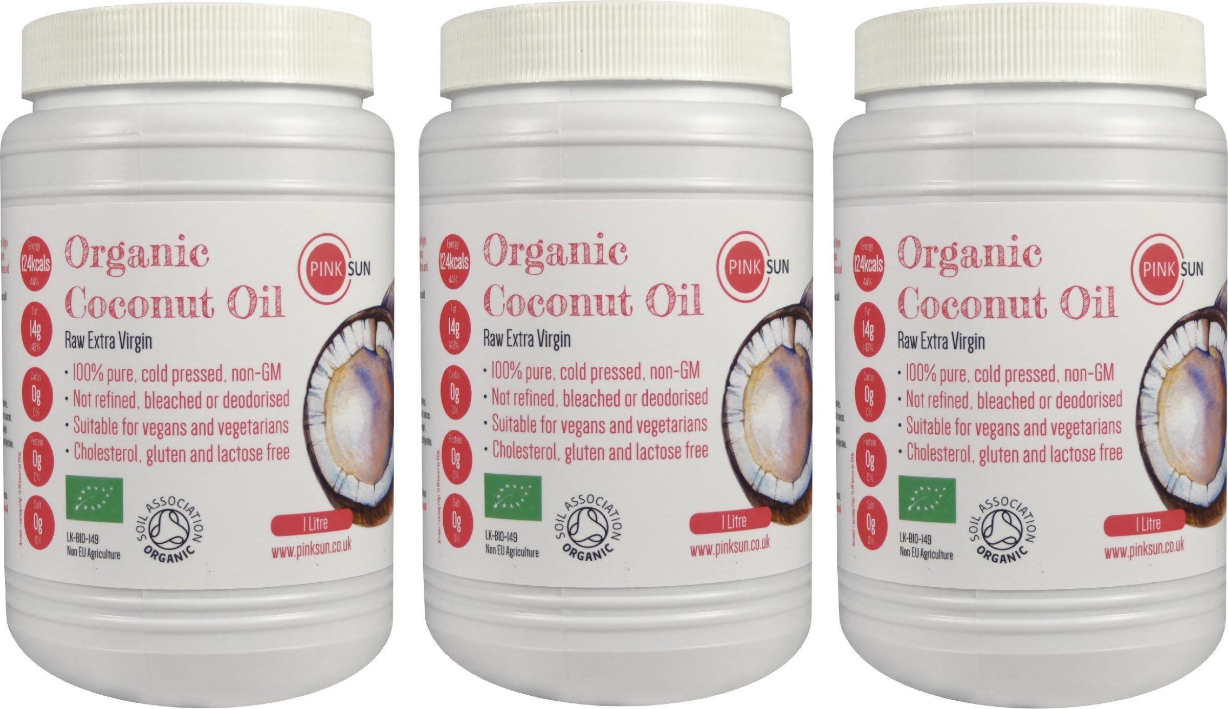 PINK SUN Raw Organic Coconut Oil 3 Litres (1L x 3) Extra Virgin Cold Pressed Pure Edible Unrefined for Hair and Skin Care Cooking Massage Babies Skin Bulk BuyEU OrganicSoil AssociationSoil AssociationSoil Association