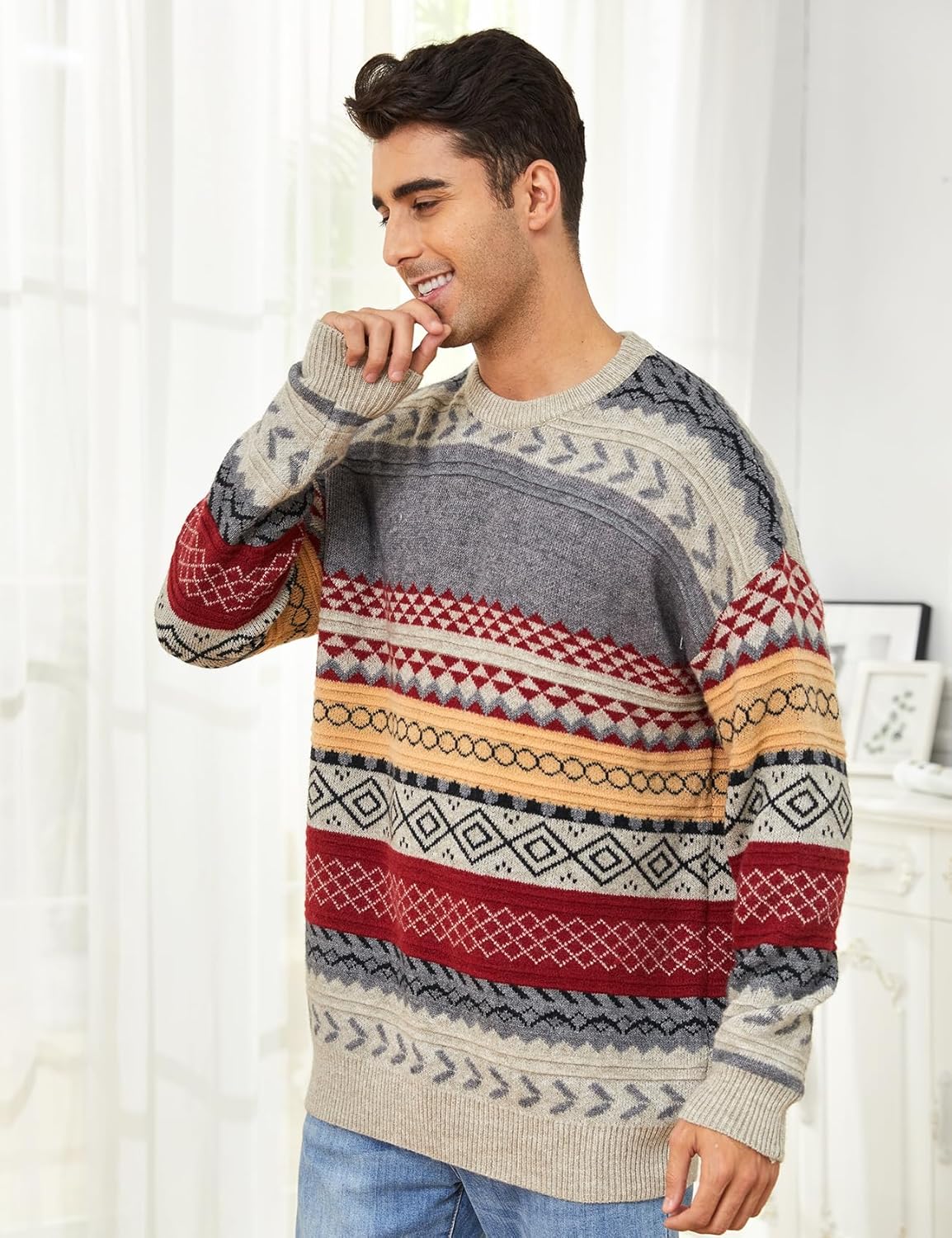 Mens Knit Sweater Grandpa Vintage Knitted Sweaters Oversized Striped Spring Pullover Casual Long Sleeve Pullovers - Image 2
