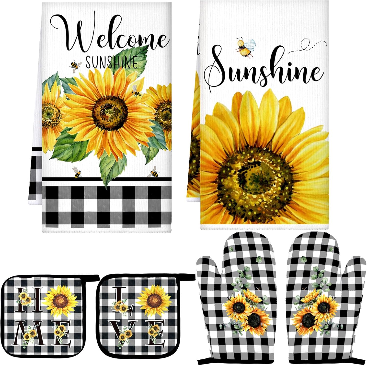 Bencailor 6 Pcs Spring Kitchen Decor Sunflower Pot Holders and Oven Mitts Stes Yellow Kitchen Towel 2 Farmhouse Cooking Mittens for Cooking Grilling Supply Accessories(Yellow,Sunflower)