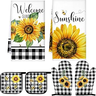 Bencailor 6 Pcs Spring Kitchen Decor Sunflower Pot Holders and Oven Mitts Sets Yellow Kitchen Towel 2 Farmhouse Cooking Mittens for Cooking Grilling Supply Accessories(Yellow,Sunflower)