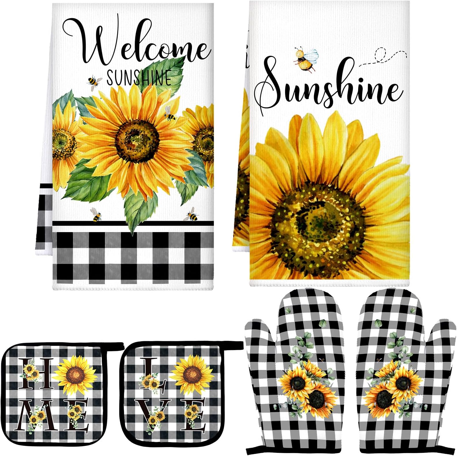 Bencailor 6 Pcs Spring Kitchen Decor Sunflower Pot Holders and Oven Mitts Sets Yellow Kitchen Towel 2 Farmhouse Cooking Mittens for Cooking Grilling Supply Accessories(Yellow,Sunflower)