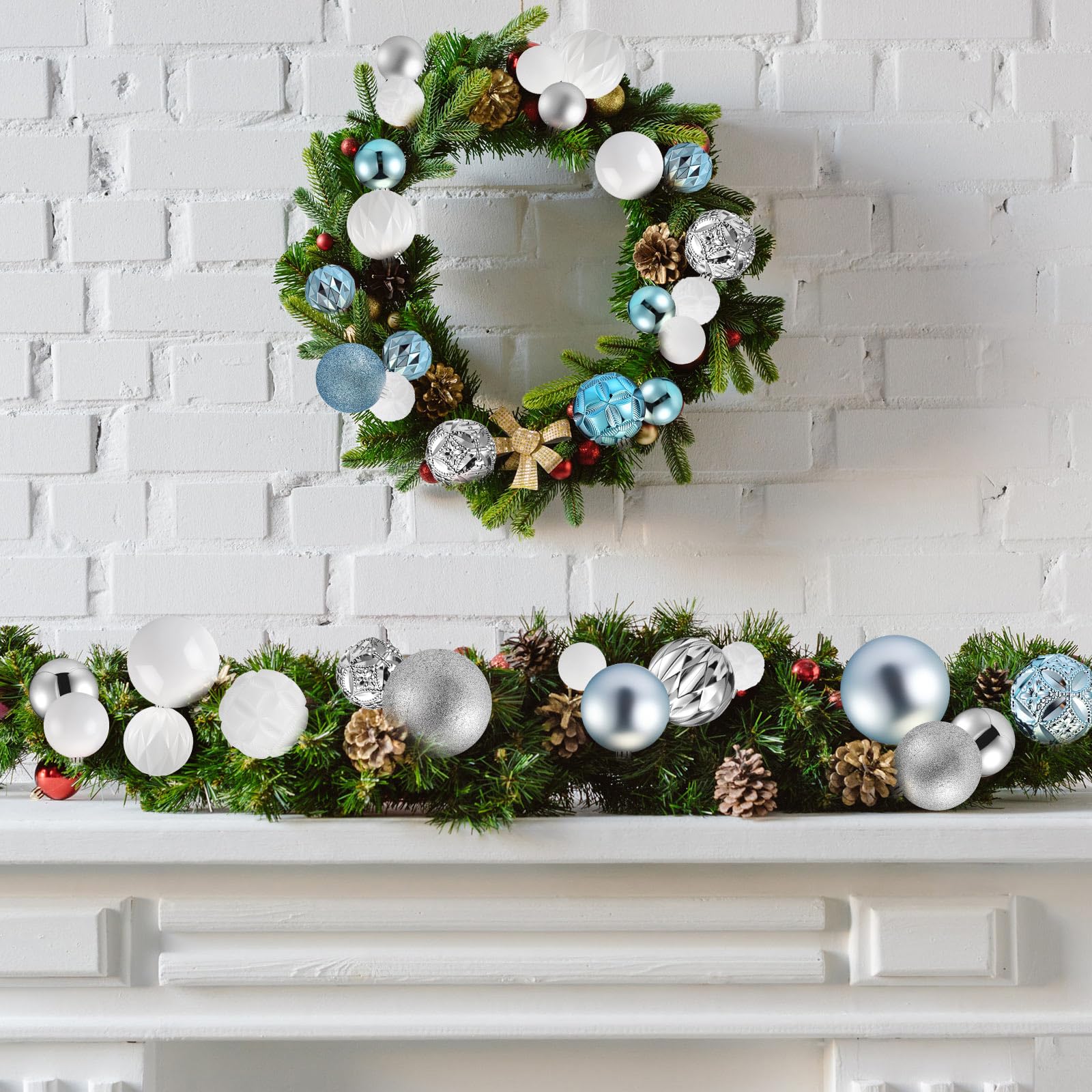 Soulchen Weihnachtskugeln-Set, mehrfarbig, bruchsicherer Kunststoff, hängende Kugeln in 4 Größen für Weihnachtsbaum-Dekoration (Blau, Silber, Weiß), 32-teilig