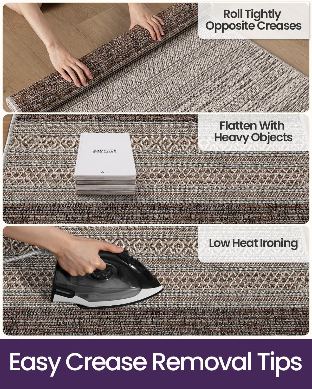 DEXI Hallway Runner Rug 3.3x6.7, Woven Braided Farmhouse Runner Carpet Indoor, Absorbent Thin Long Entryway Runners for Kitchen, Laundry Room, Patio Entrance, Striped Brown