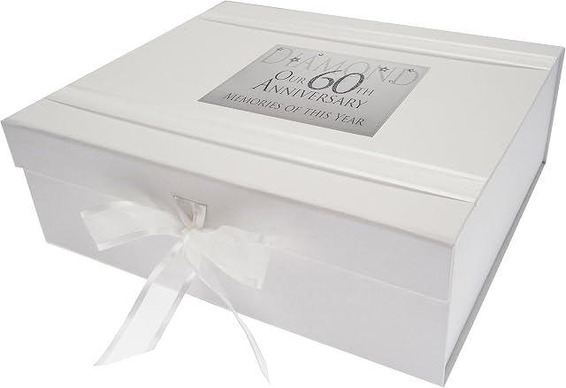 WHITE COTTON CARDS 60th Diamond Anniversary Memories of This Year, Large Keepsake Box, Glitter & Words, Wood, 27.2x32x11 cm