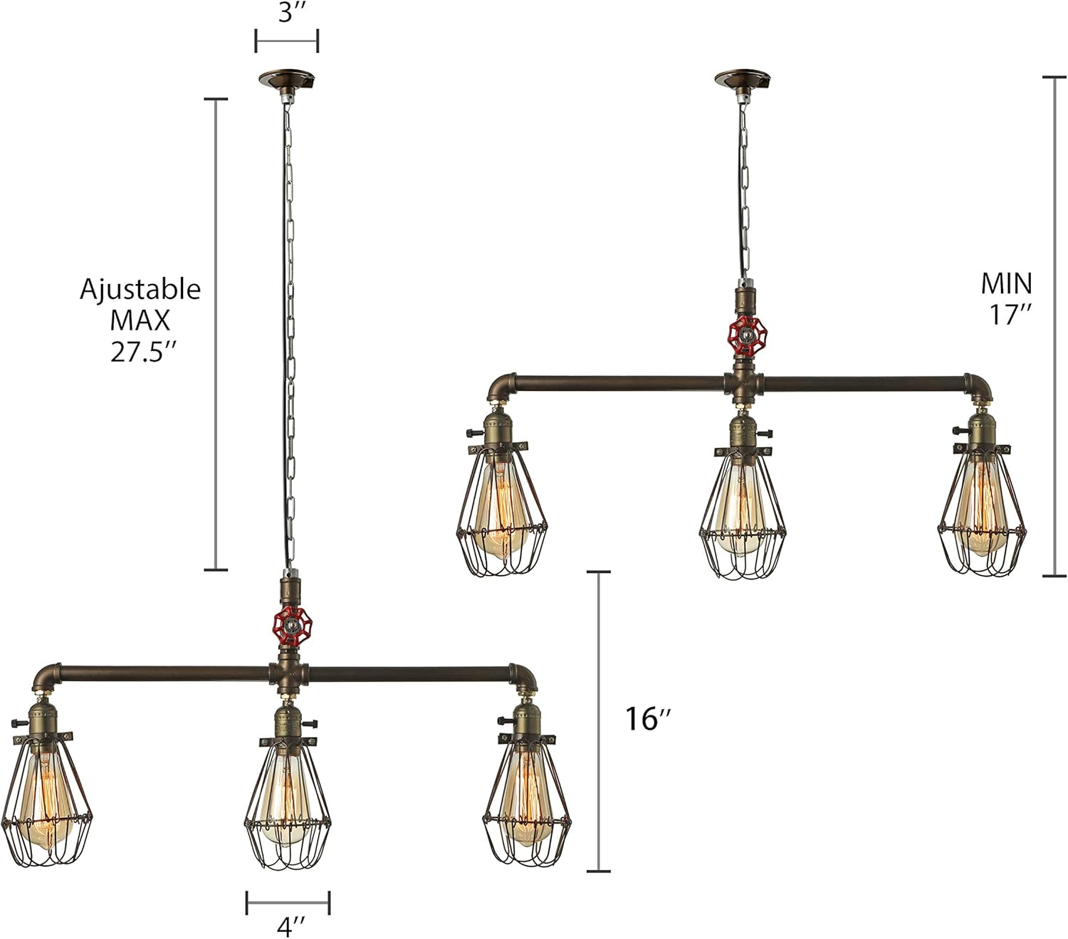 Industrial Vintage Retro Linear Pipe Designed Chandelier - RUNNUP 28'' Wide Edison Metal Hanging Ceiling Light Rustic Pendant Light Metal Cage Island Light Fixture Black Finish with 3 Lights