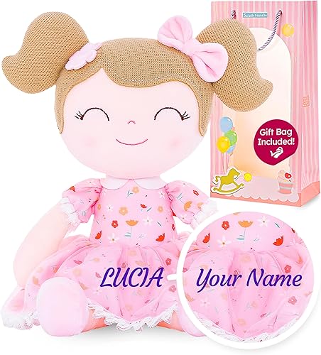 Gloveleya Muñeca personalizada con tu nombre  Linda muñeca de felpa suave personalizada floral rosa para niñas, muñeca de felpa, regalos