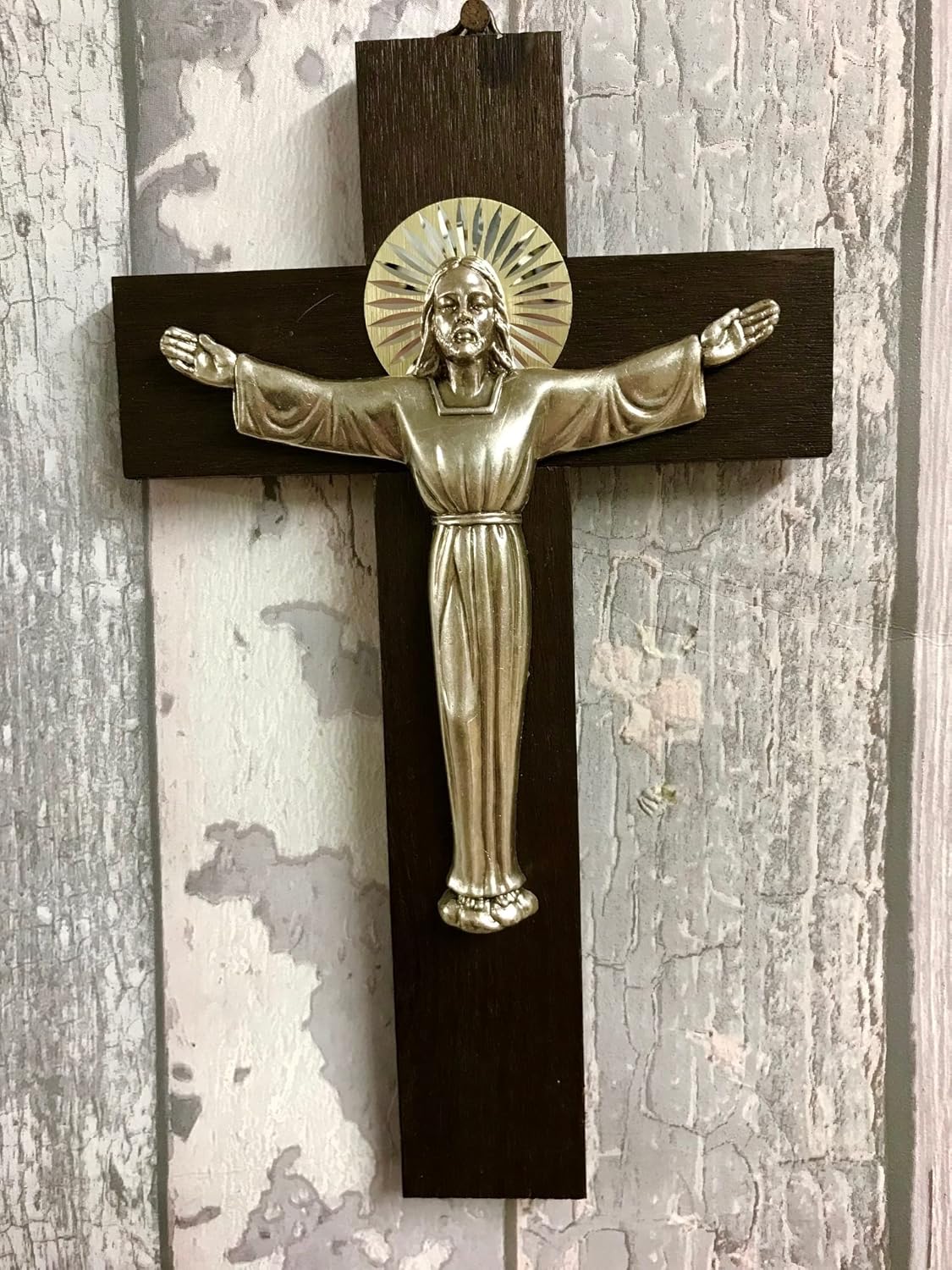 Crucifix Hanging Wall Cross Silver Metal Corpus Christi Jesus Christ Religious Decor 20 cm
