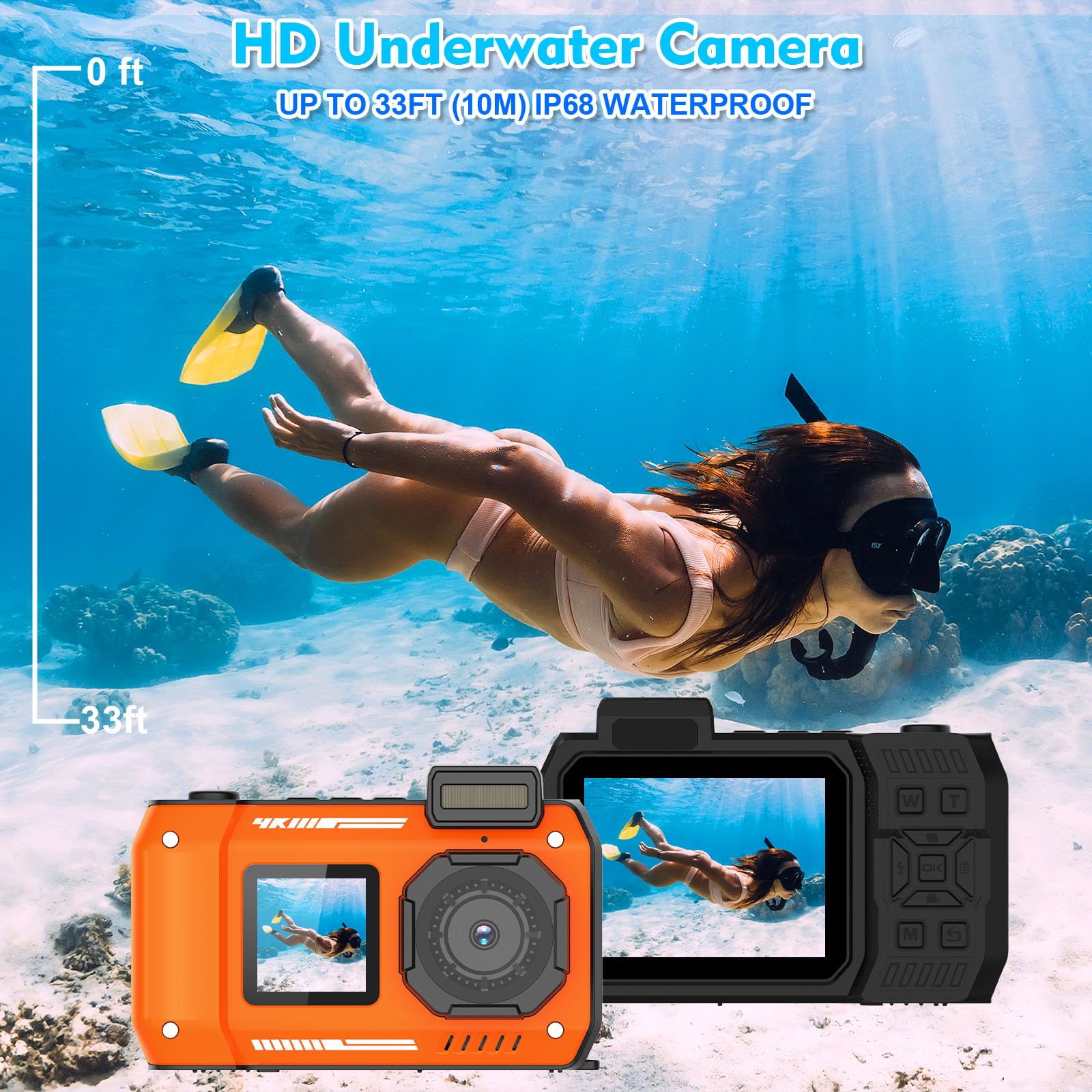 Cámara subacuática de 33 pies/10 m, cámara Digital Impermeable 4K 48MP con Tarjeta de 32 GB, Doble Pantalla, Resistente, a Prueba de Polvo, a Prueba de Golpes, Enfoque automático, cámara Digital para