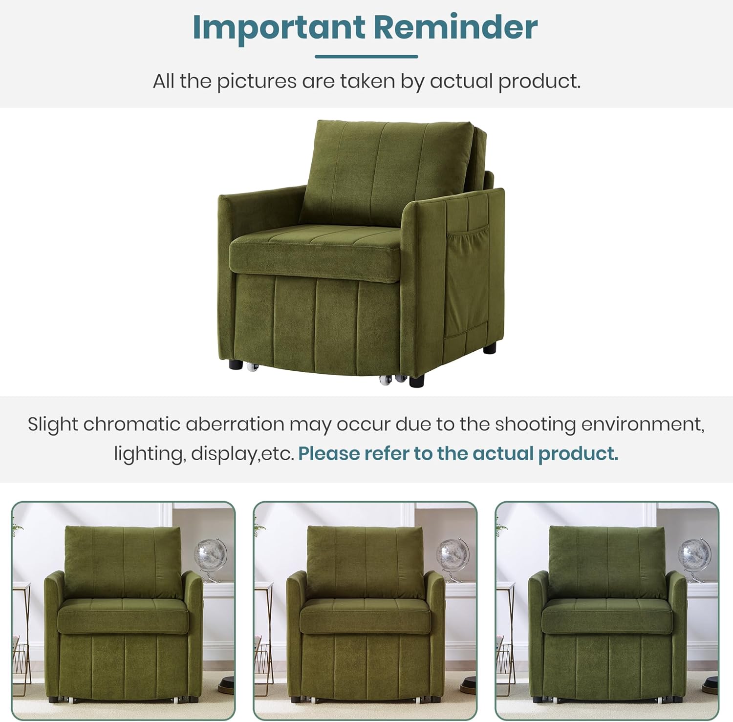 Merax Convertible Chair Bed, 3-in-1 Pull Out Sleeper Couch with Adjustable Backrest, Side Pockets and a Storage Basket, Chenille Folding Sofa Bed for Living Room, Apartment, Green