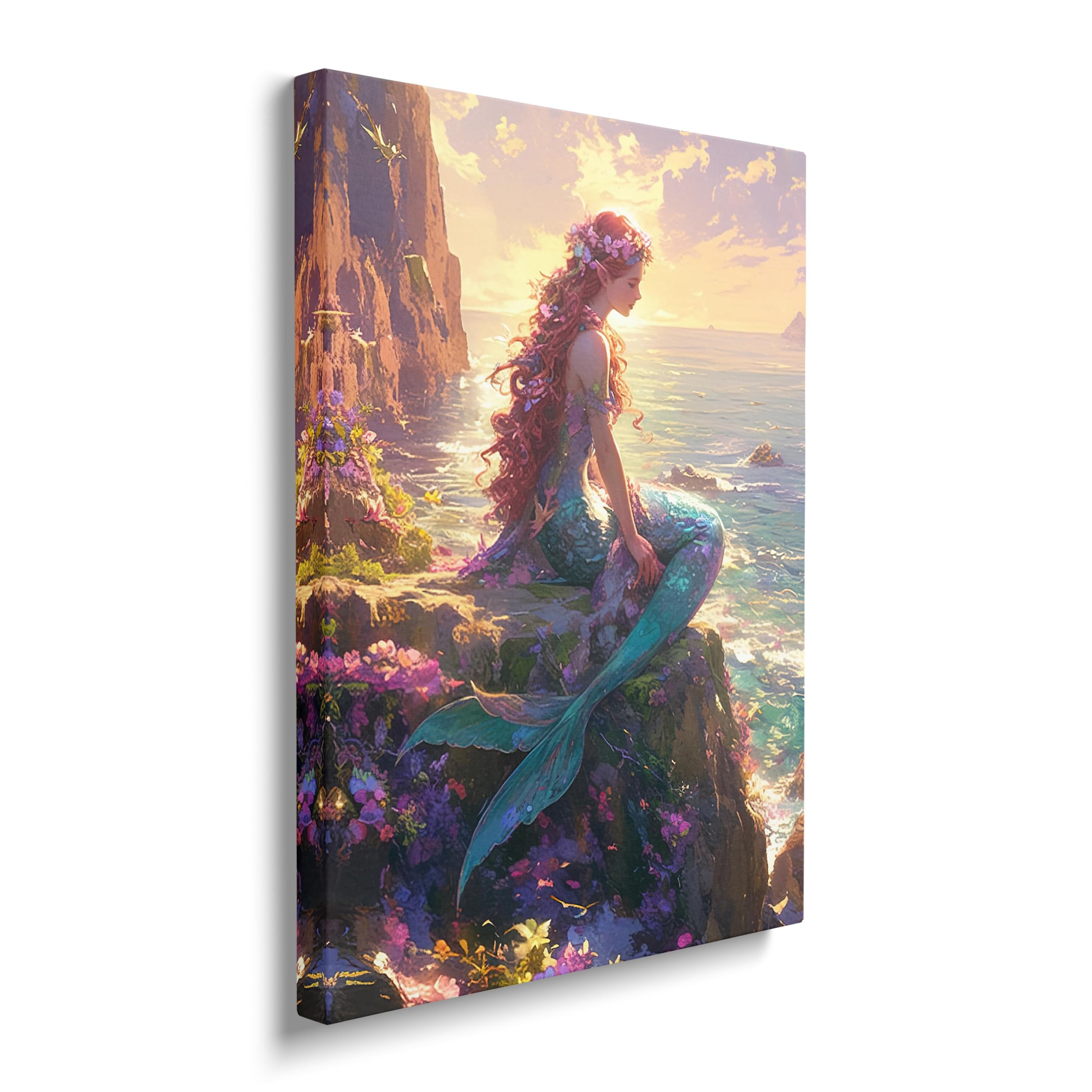 Mermaid Canvas Wall Art Ocean Pictures Mermaid Painting Coastal Prints Modern Artwork for Bathroom Living Room Bedroom Office Framed Wall Decor 16"x20"