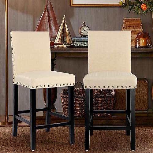 Miniatura 2 de THKSBOUGHT Taburetes de mostrador para decoración de cabeza de uñas, cojines suaves de 24 pulgadas con patas de madera maciza (juego de 2 beige)