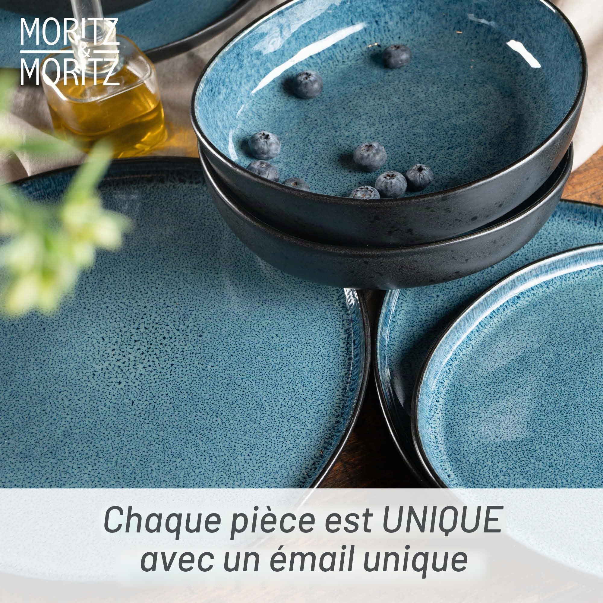 Moritz & Moritz ORGANIC Service de vaisselle 18 pièces 6 personnes Bleu - Élégant set de vaisselle en grès de haute qualité - Service de vaisselle 6 personnes avec 6 assiettes à dîner, 6 assiettes à