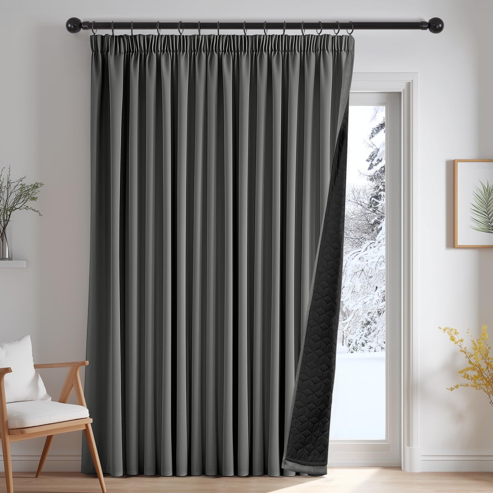 Deconovo Winter Door Curtain, Pencil Pleat Thermal Blackout Curtain with Thick Microfiber Quilted Lining 2 Layers, Noise Reducing Tape Top Panel for Bedroom, 55 x 102 Inch, Light Grey, 1 Panel