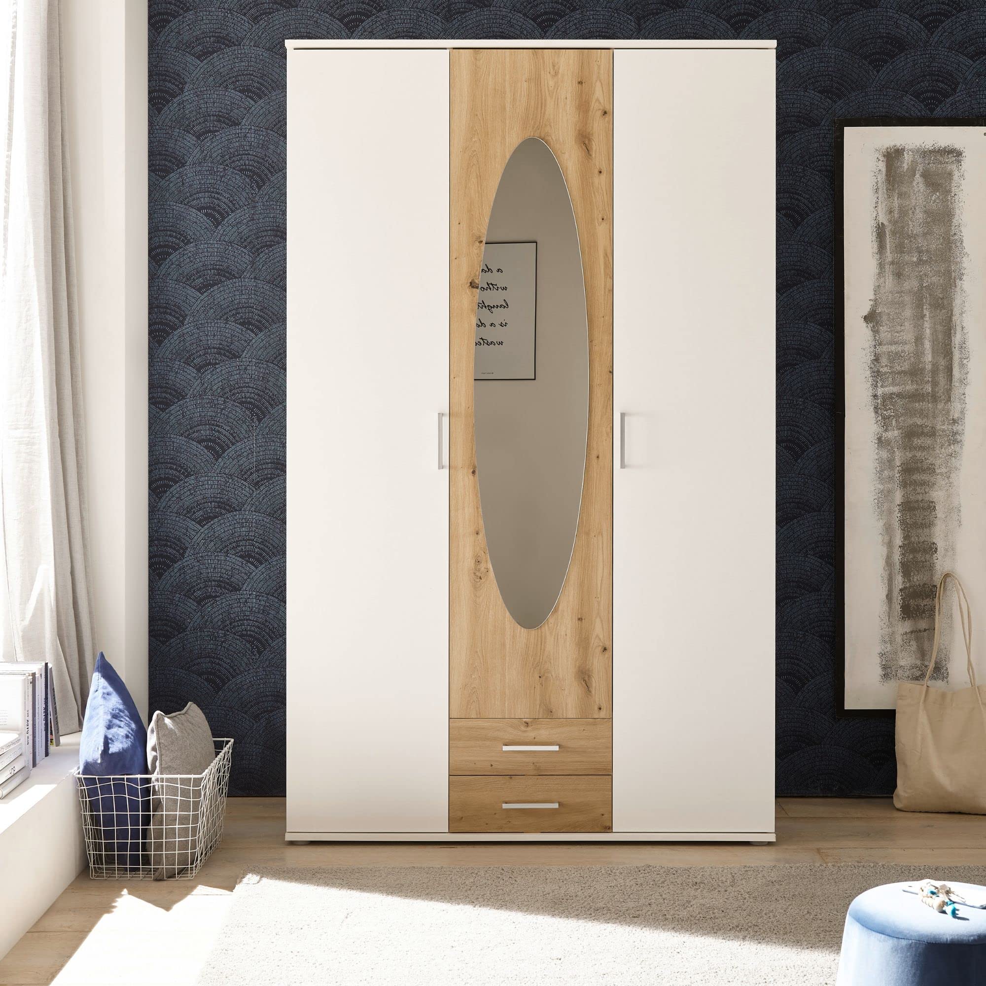 Stella Trading Kassel Espejo en Color, Aspecto Artesano, versátil Armario de 3 Puertas giratorias para tu Dormitorio, Madera de ingeniería, Blanco Artisan Roble, 120 x 195 x 55 cm