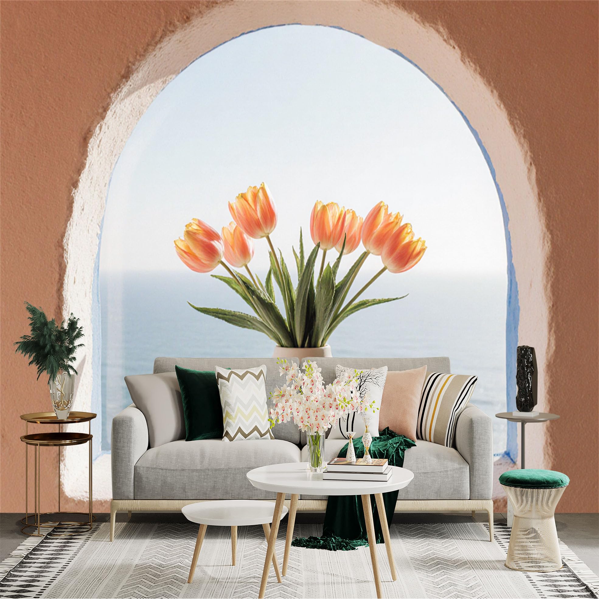 Custom Size Wall Sticker Mural， Orange Tulips in White Vase， View of Blue Ocean from Window， for wall Decoration， peelandstick wall Decals.