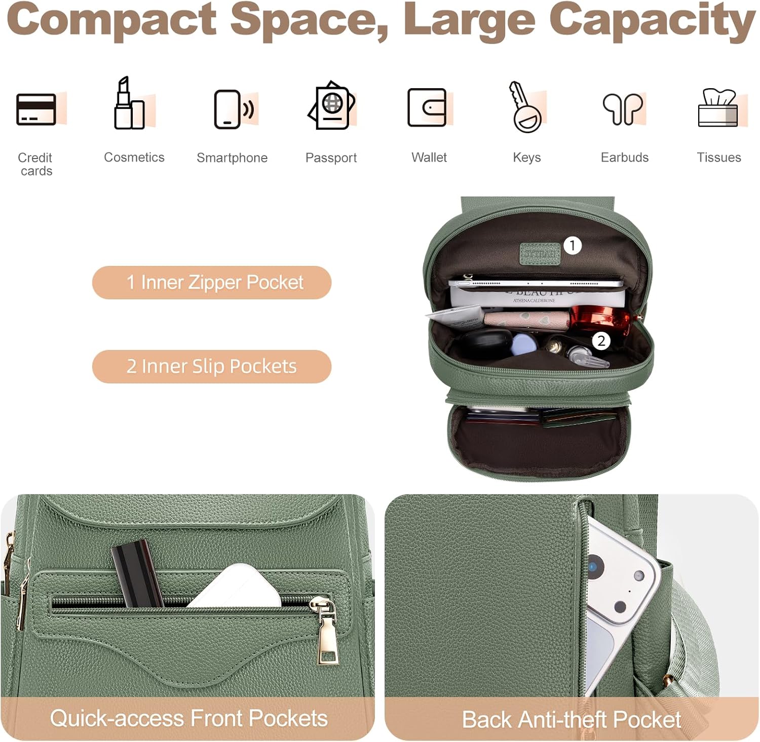 SYTRAH Mini Backpack Purse for Women, Causal Small Backpack with Built-in RFID Wallet & 11" Tablet Sleeve, Stylish Travel Daypack for Daily Green