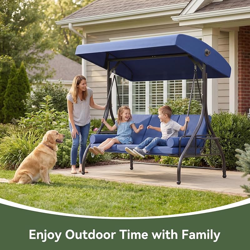 Aoxun Outdoor Porch Swing with Stand and Canopy, 3 Seats Outdoor Swings for Adults, Convertible 2 in 1 Swing Bed with Cup Holder, Patio Swings with Thicken Cushions for Garden, Yard & Balcony, Blue image 6
