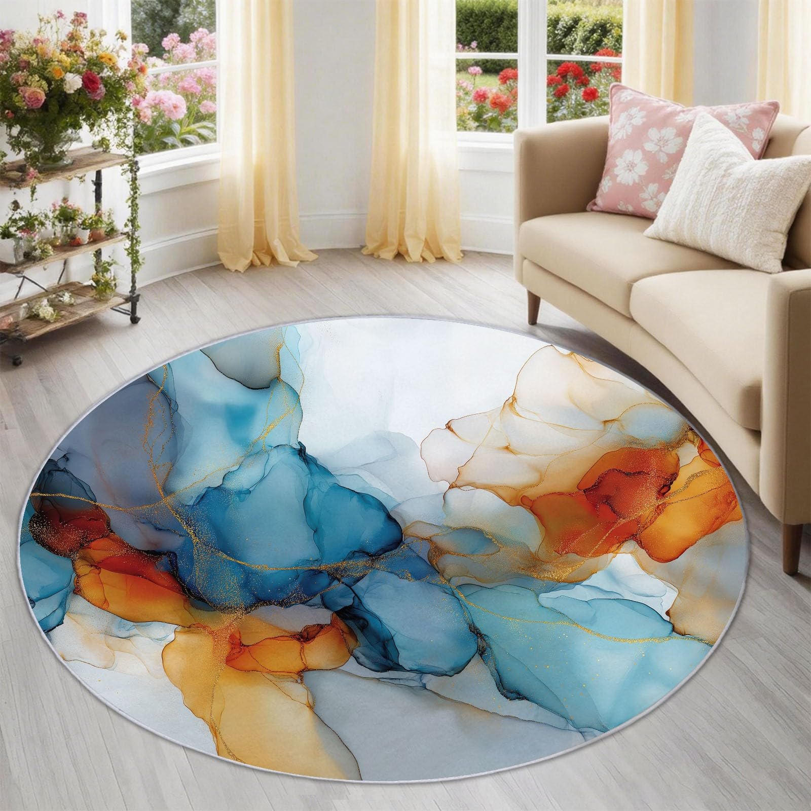 Alfombra abstracta de 80 cm redonda de pelo corto lavable para salón y dormitorio moderno