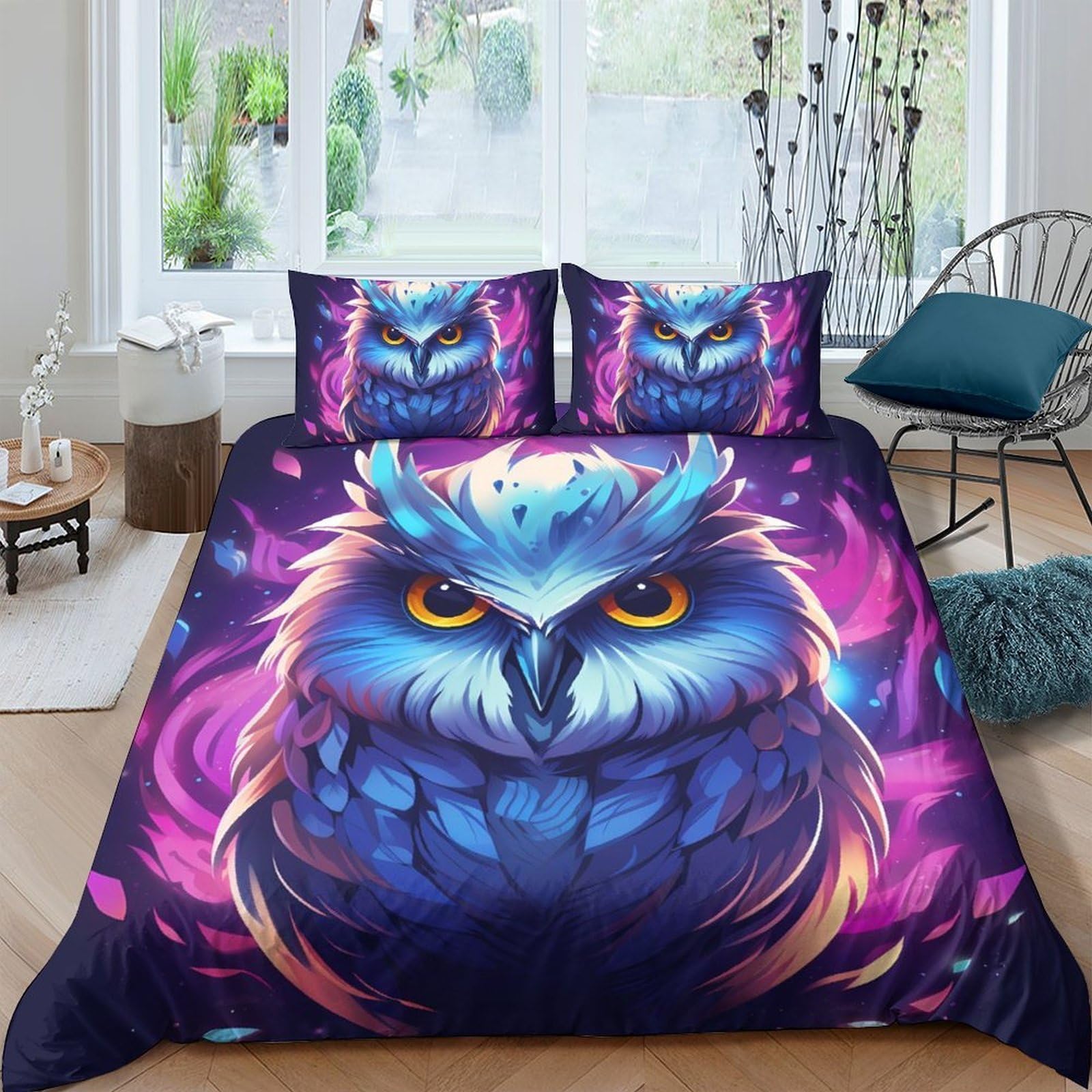 Ctjqhvkz Style-5 3D Printed Fantasy Owl Fitted Sheet Microfiber Vibrant Purple Blue Bed Cover For Bedroom Dorm Mattress Protection Decor Single（135X200cm）
