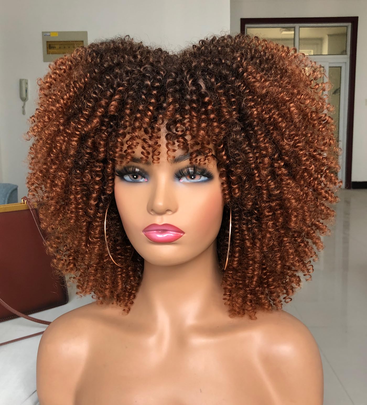 ISAMY 14inch Afro Bomb Curly Wigs for Black Women Short Afro Kinky Curly Wig with Bangs Full Curly Wig (Ombre Brown) - Image 4