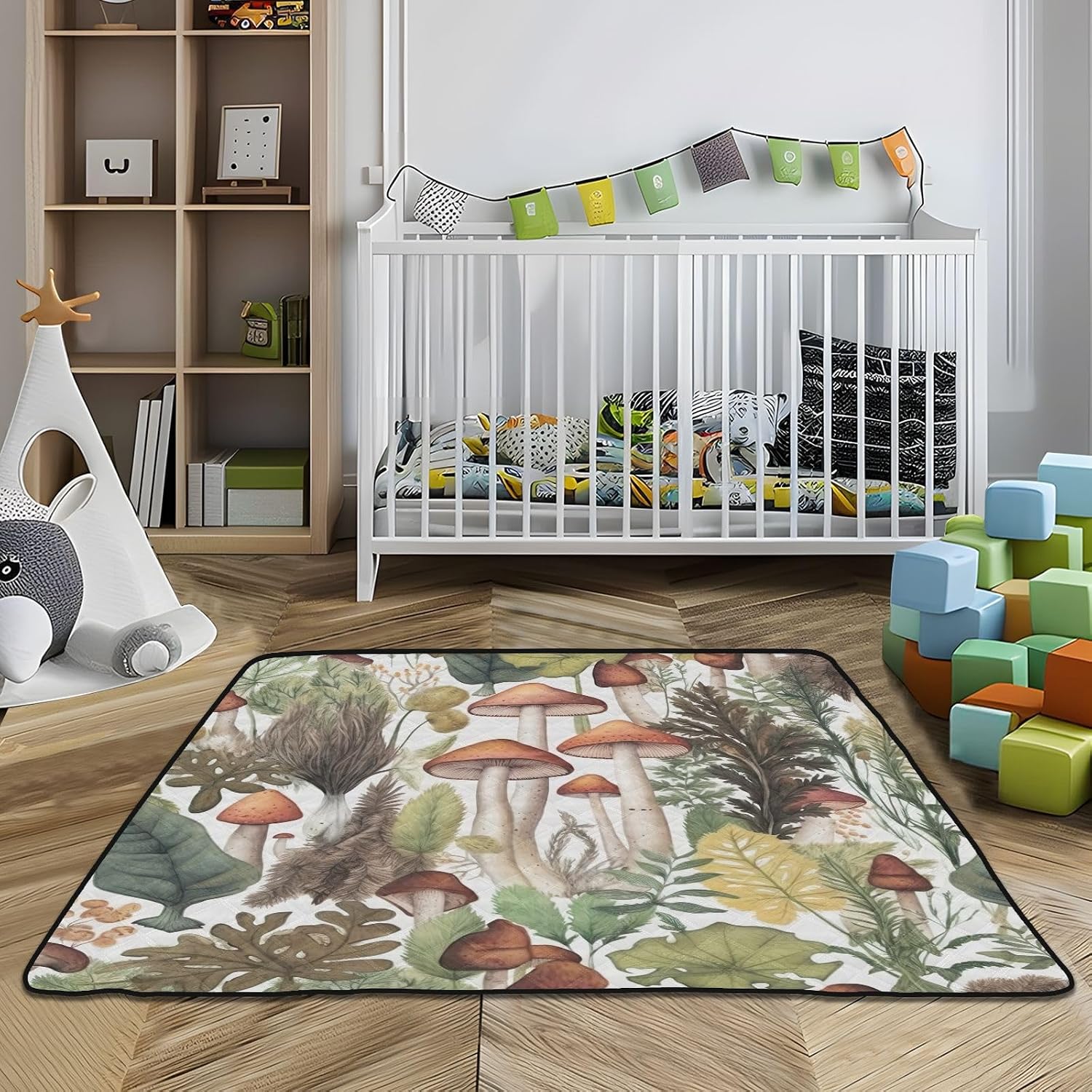 Qilmy Mushroom Leaves Baby Gyms Play Mat for Floor, Waterproof Soft Crawling Mat with Non-Slip Bottom, Lightweight Foldable Picnic Camping Mat for Infants, Toddlers, 50x50in