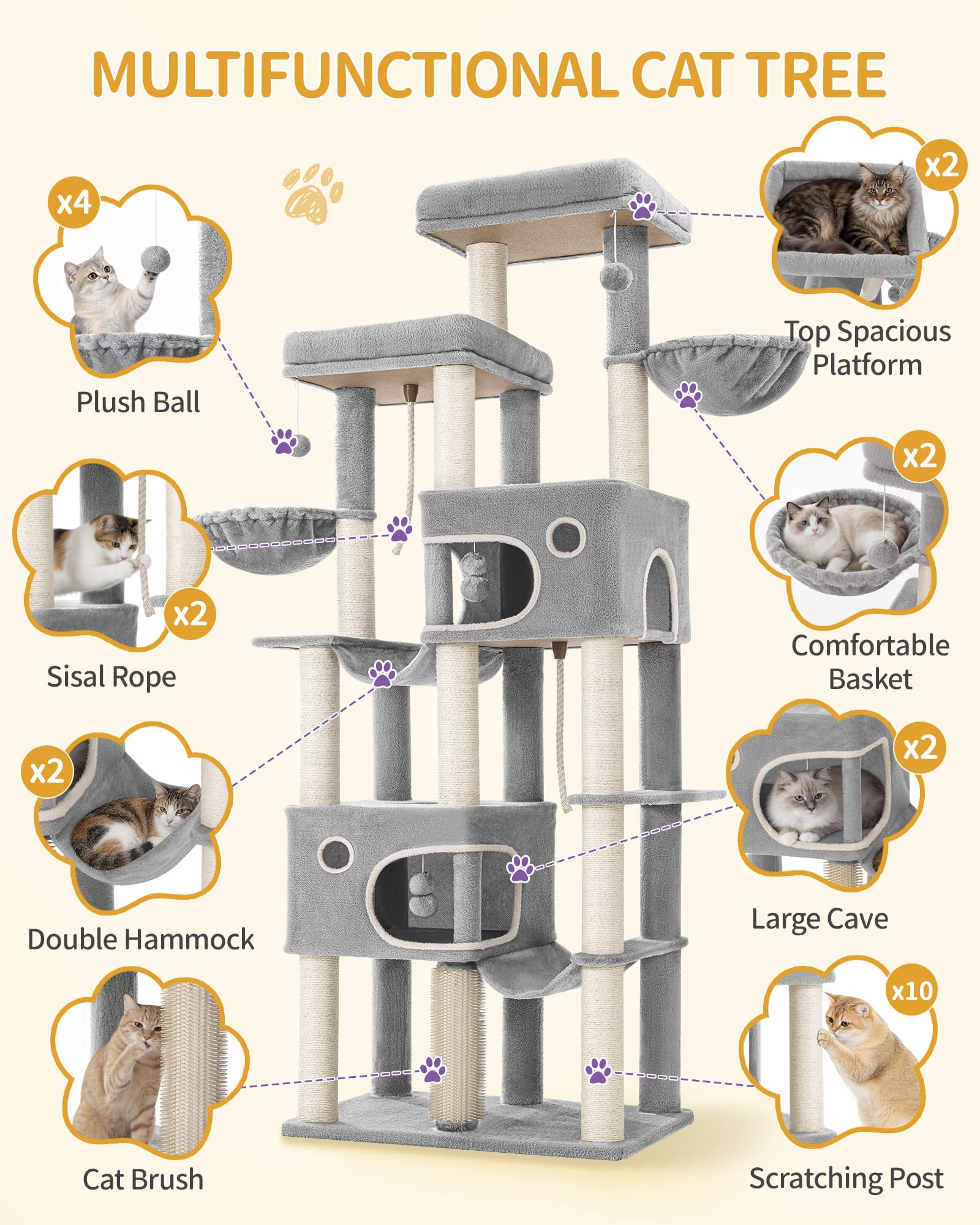 Hzuaneri Albero Tiragraffi Grande per Gatti, Torre per Gatti da Interno 213 cm con 2 Piattaforme XL, 2 Grotte, 10 Pali in Sisal, 2 Amache e Massaggiatore, per Maine Coon, Grigio Chiaro, MS21418LG