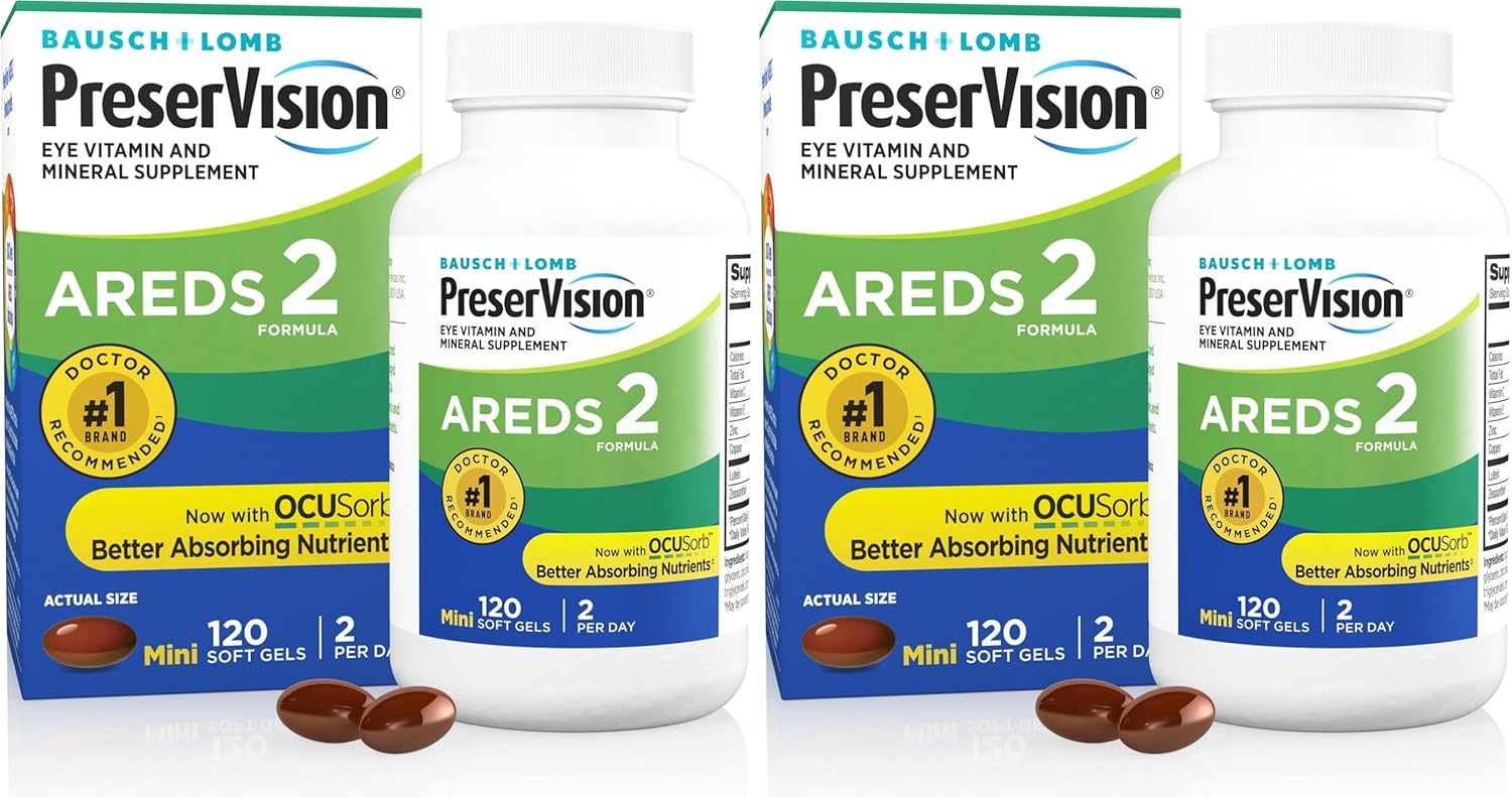 PreserVision AREDS 2 Eye Vitamins, #1 Eye Doctor Recommended Brand, Lutein and Zeaxanthin Supplement with Vitamin C, Vitamin E, Zinc, and Copper, Softgels (Minigels), 120 Count (Pack of 2)
