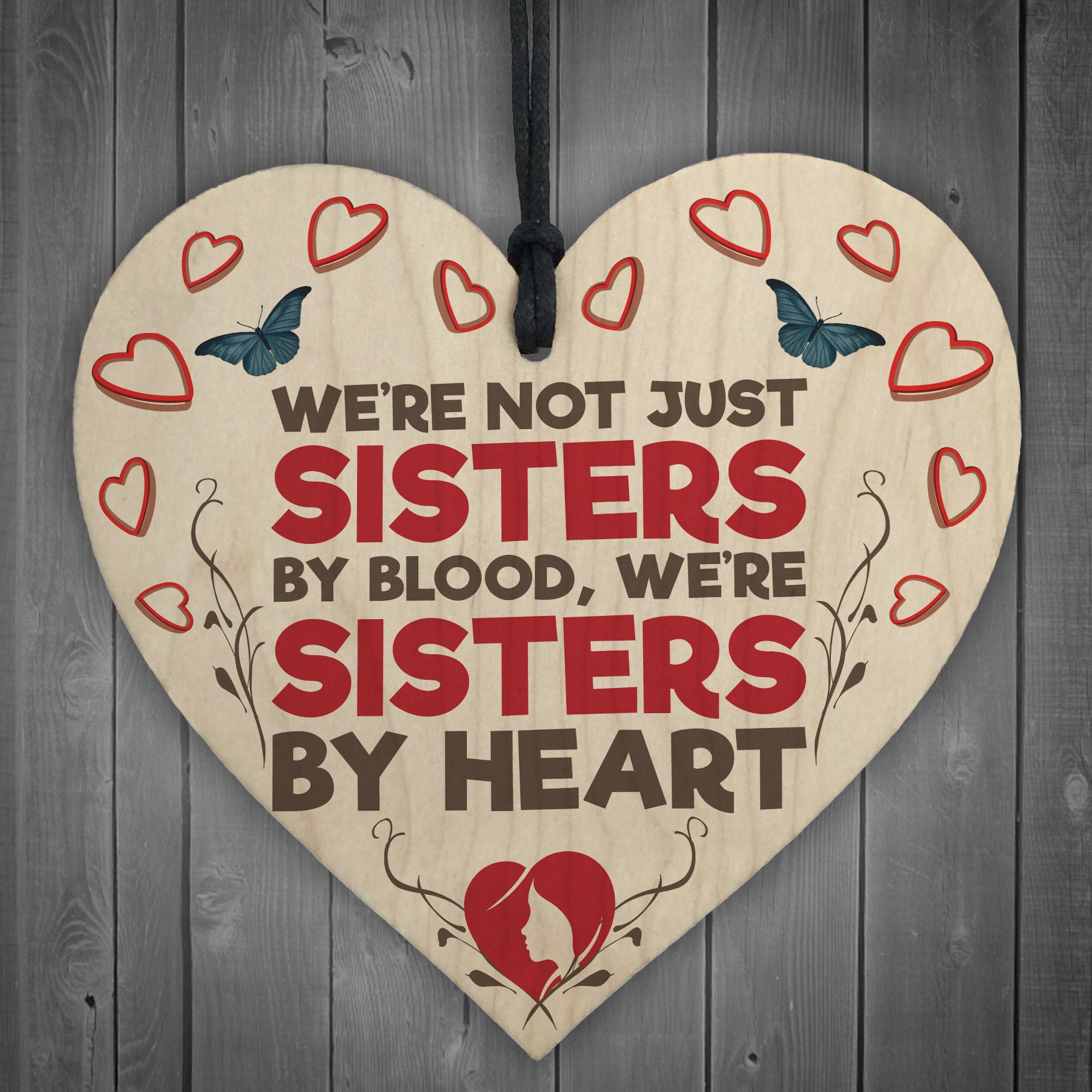 Red Ocean Sisters By Heart Wooden Hanging Heart Plaque Best Sister Cute Love Friends Gift