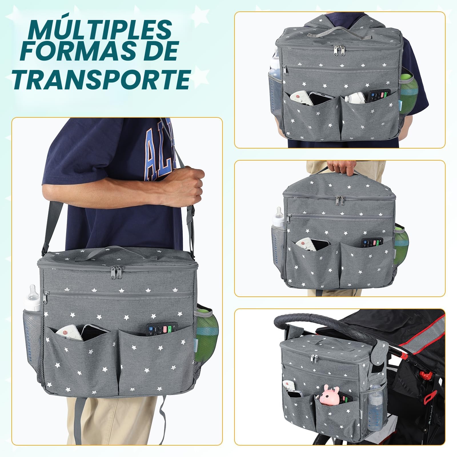 Orzbow Grande Bolso Carro Bebe,Impermeable Bolso Carrito Bebe con Portavasos,Multifuncional Organizador Carro Bebe con Divisor Extraíble,Forro Aislante y 22L Capacidad,2 Ganchos y 1 Bandolera (Gris)