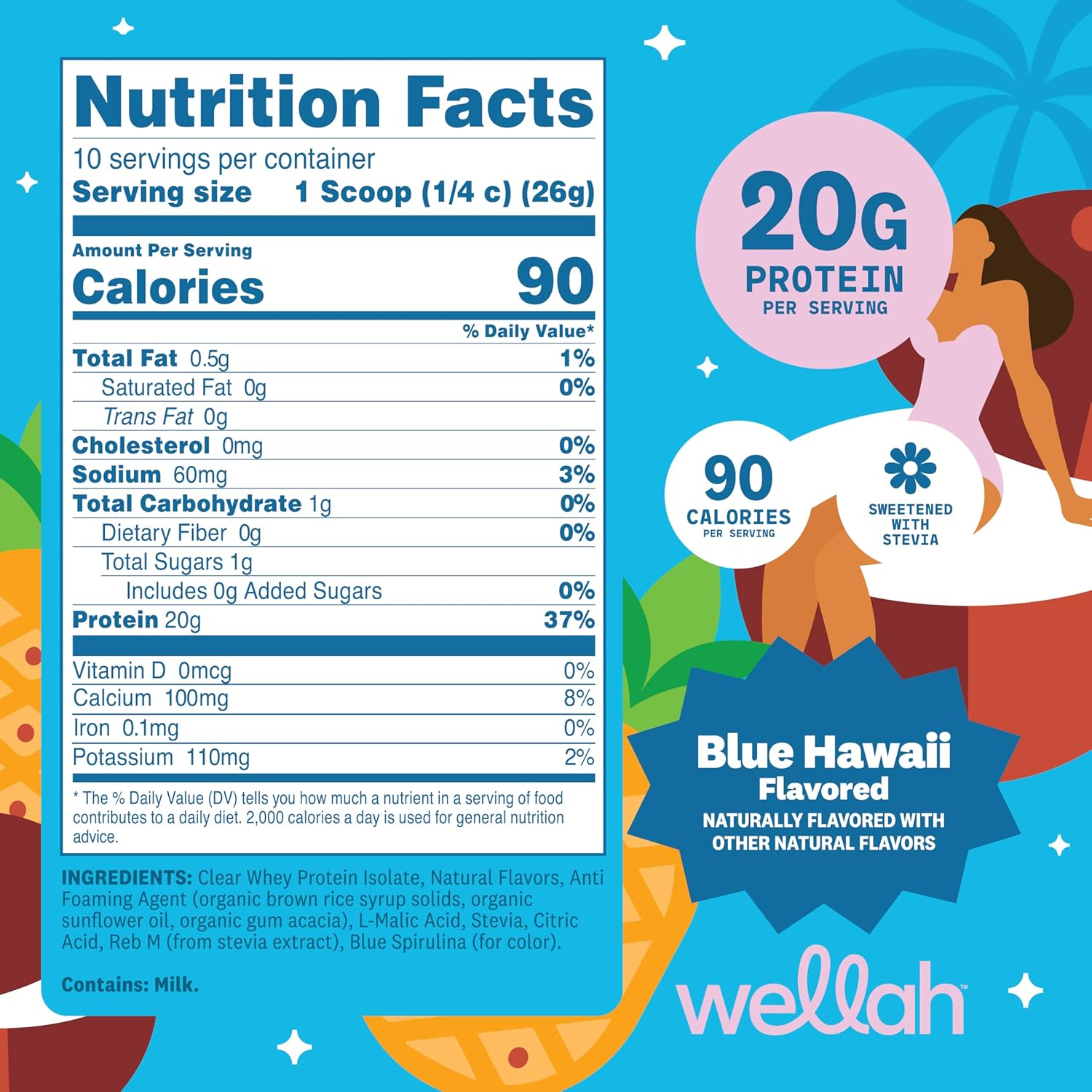 Wellah Clear Whey Protein Isolate Powder (Blue Hawaii) 10 Servings - 20g of Protein, 90 Calories, Sweetened with Stevia