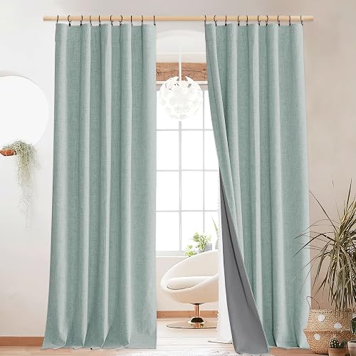NICETOWN Seafoam Green Blackout Linen Curtains 95" Long, Rod Pocket Back Tab Full Light Blocking Drapes with White Thermal Insulated Liner for Nursery, Hall, Villa (2 Pieces, 52" Wide Each Panel)