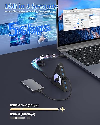 Miniatura 6 de Hub USB 3.0 de 7 puertos, divisor vertical de concentrador USB con iluminación RGB, transferencia de datos de alta velocidad de 5 Gbps y cable de