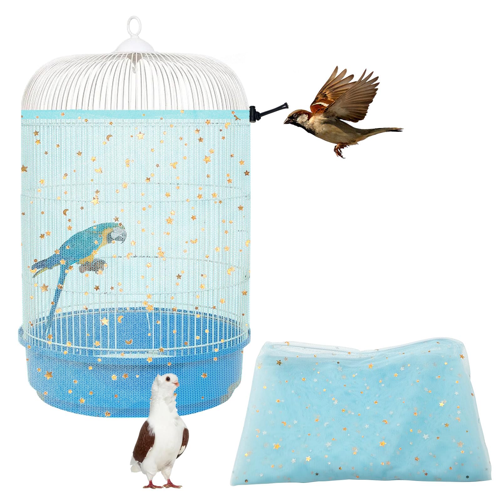 Bird Cage Cover, 45-90'' Adjustable, Universal Nylon Mesh Net, Bird Cage Skirt Guard, Blue