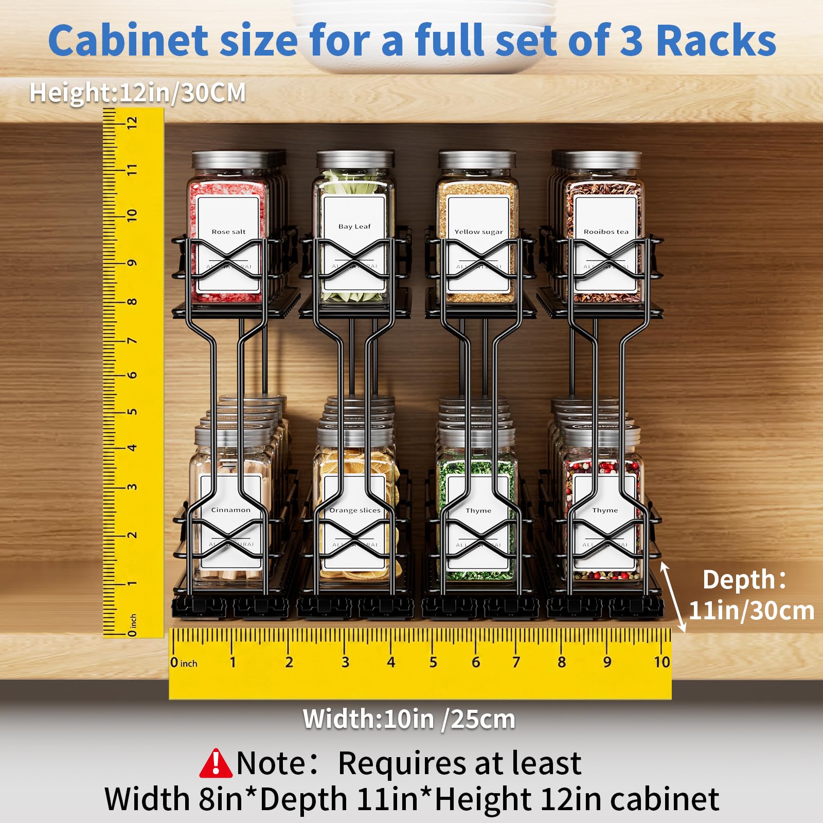 Gewürzregal Ausziehbar 4er-Pack, Gewürz Organizer Für Schrank | Modulares 4er-Pack, Doppelte Gleitschienen, Vollauszug-Design , Schwarze Metallkonstruktion, Einfache Montage, Schrank