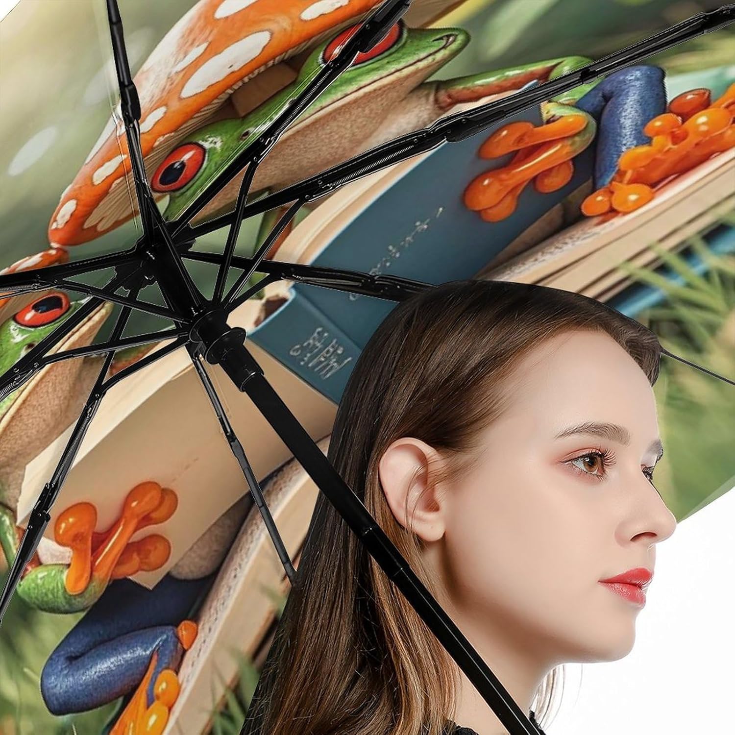 Windproof Travel Umbrella, Small Outdoor UV Umbrellas, Automatic Folding The Frog Family Is Reading Umbrella for Rain And Sun, Compact And Convenient for Women Men