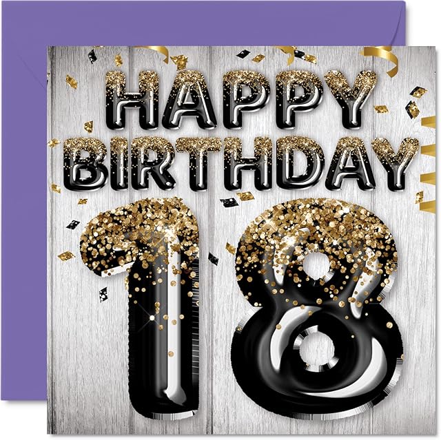 18th Birthday Card for Men - Black & Gold Glitter Balloons - Happy Birthday Cards for 18 Year Old Man Son Brother Uncle Cousin, 145mm x 145mm Eighteen Eighteenth Bday Greeting Cards Gift
