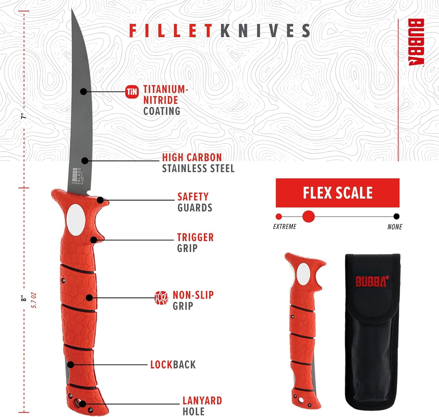 BUBBA 7" Tapered Flex Folding Knife with Non-Slip Grip Handle, Offset Full Tang Stainless Steel Blade, Lanyard Hole and Synthetic Sheath for Fishing