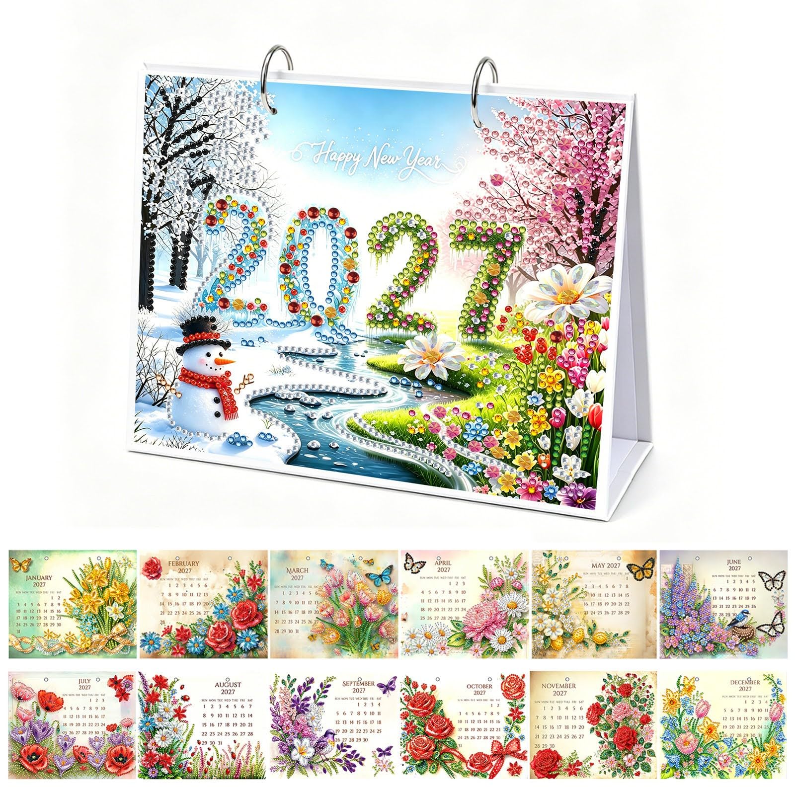 Lebartm 2027 DIY Diamond Art Desk Calendar 12 Month Double Sided Design with NOTES Ornaments Gemstone Painting Monthly Flip Tabletop Calendar for Office Home Planning-Flowers03