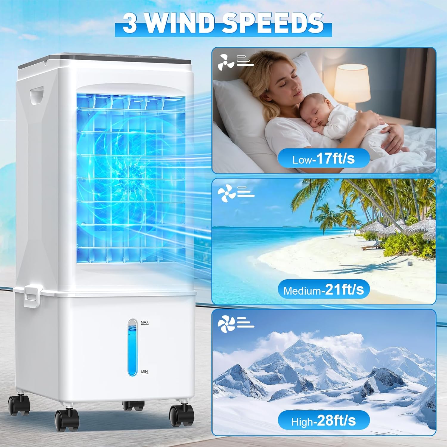 Portable Air Conditioners, 2.5 Gal Evaporative Cooling Fans that Blow Cold Air, 3 Speed Portable AC Unit, Quiet Swamp Cooler w/Timer & Remote, Windowless Air Conditioner for Bedroom Office Garage