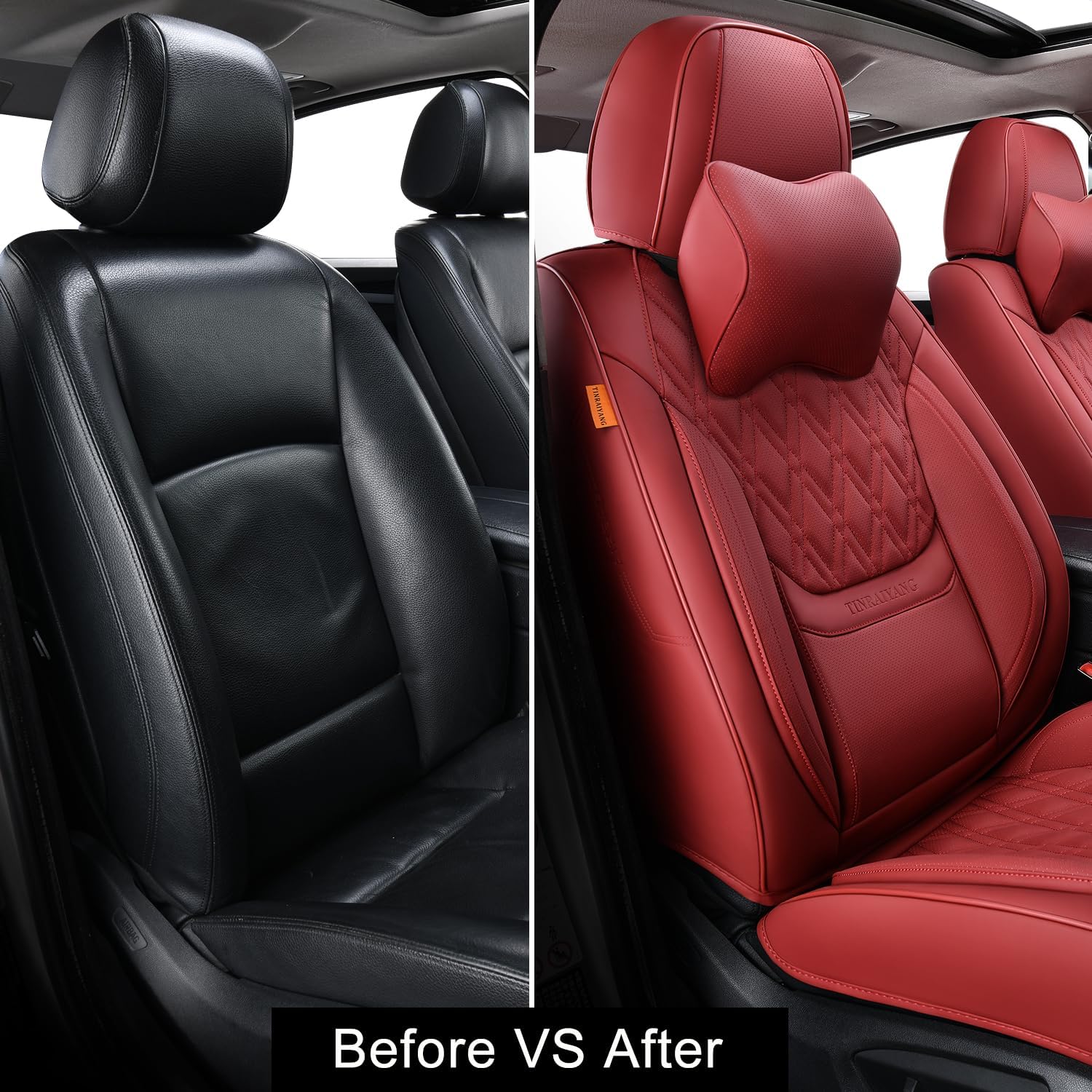 Car Seat Covers Front Pair, Breathable Leather Automotive Front Seat Covers with Headrest, Universal Automotive Vehicle Seat Cover for Most Sedan SUV Pick-up Trucks, Wine Red