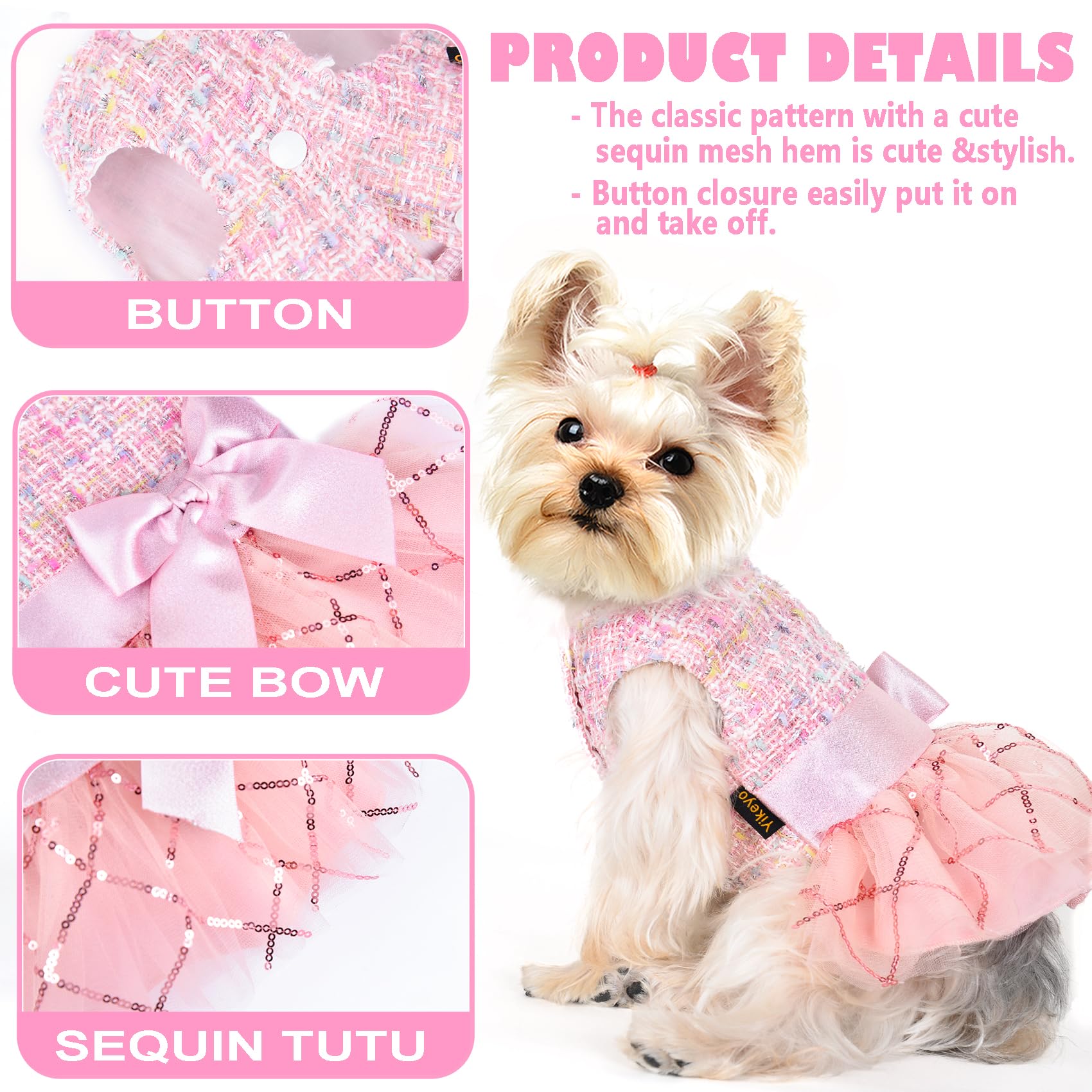 Yikeyo Pink Tulle Dog Dress for Small Dogs - Girlish Bow-tie Doggie Outfit for Birthday, Wedding & Holiday (Pink, X-Small)