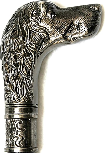 Garden Mile Walking Stick, Cane Vintage Style Dog's Head Walking Stick Mobility Aid, Victorian Look Silver Pewter Black Walking Cane Antique Style Silver Pewter