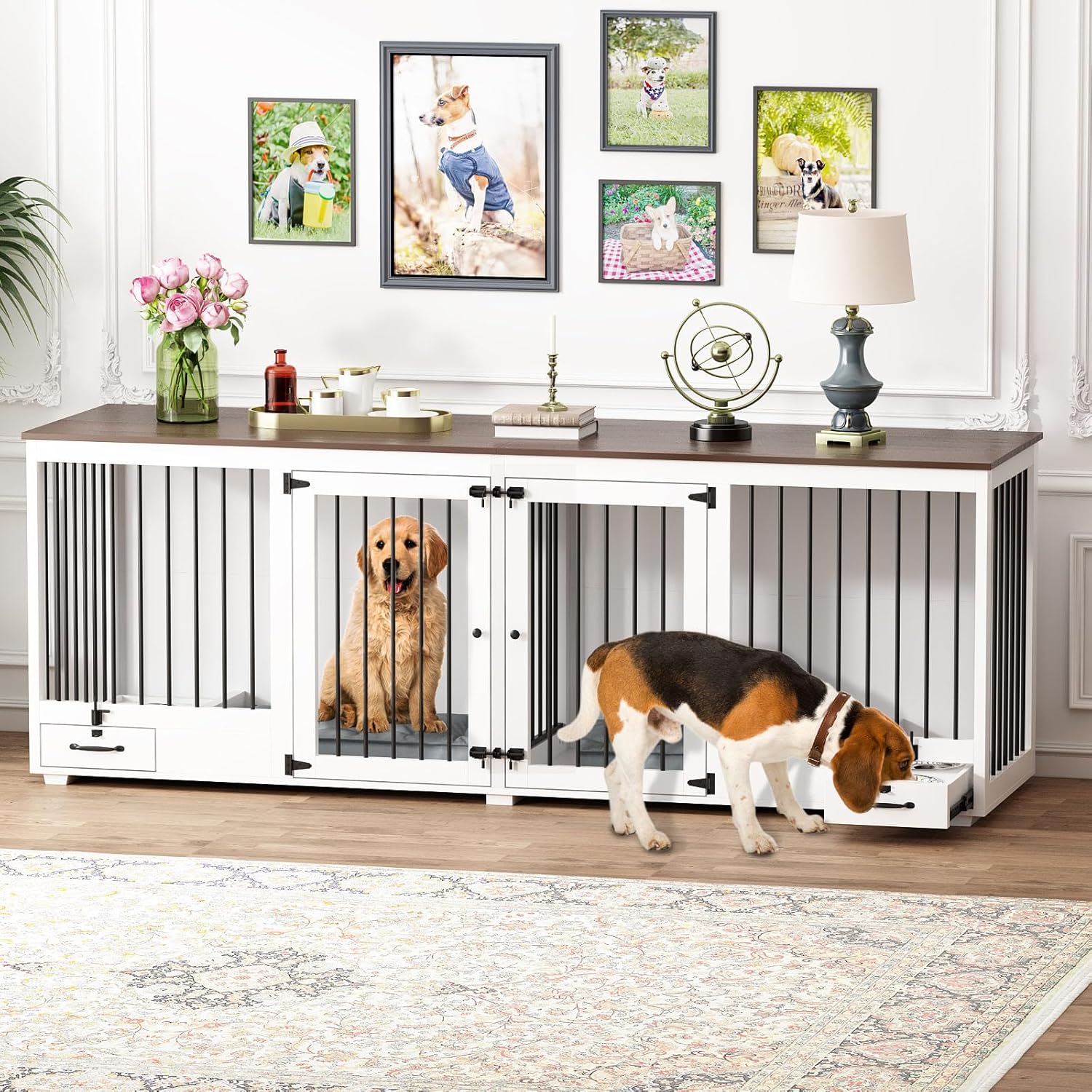 Furniture Style Large Dog Crate for 2 Dogs, 86.6" Heavy Duty Wooden Dog Kennel with Dog Bowl Drawers & Divider, Indoor Furniture Style Dog Kennel for Large Medium Dogs, White