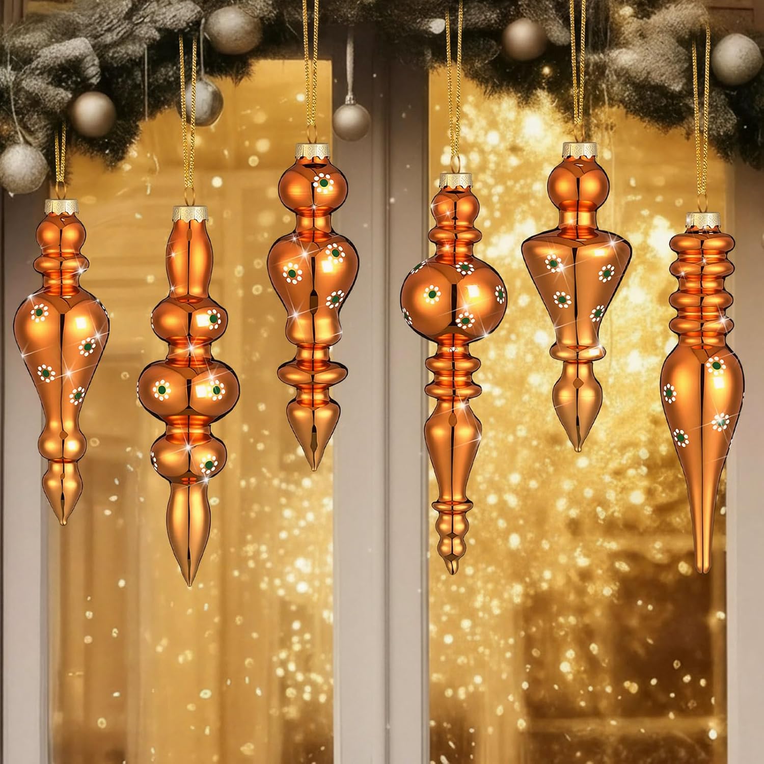 Soaoo 6 Pcs 6.3 Inch Rose Gold Mercury Glass Finial Christmas Ornaments Hanging Christmas Finials Glass Ornaments Assorted Mercury Decor for Xmas Tree Vintage Holiday Decoration(Classic)