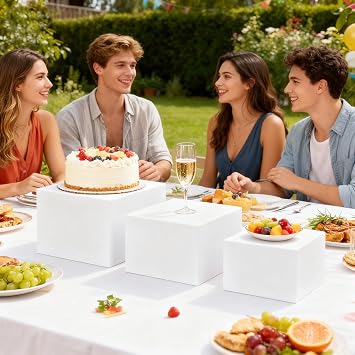 6 Pcs Buffet Risers, Acrylic Food Risers for Buffet Table, 6 Sizes (3x4x5x6x7x8 Inch) Display Stand Shelf for Party Catering Dessert Collectibles - Stackable Cube Boxes Display with Hollow Bottoms