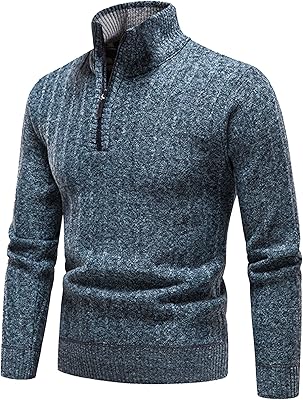Men's Quarter Zip Sweater Male Casual Slim Fit Knitted Pullover Men Sherpa Lined Fall Winter Sweatshirts