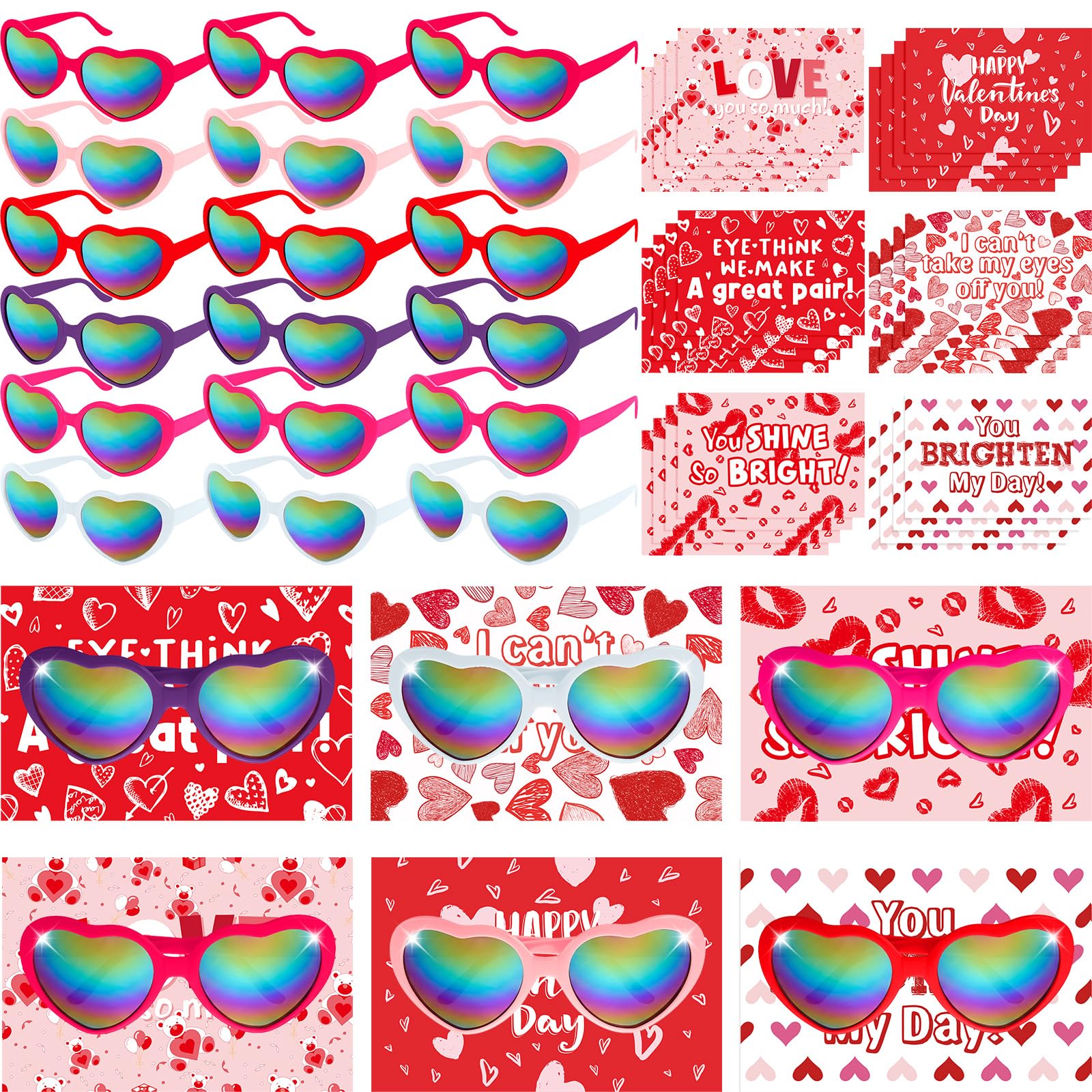 Kathfly 30 Packs Heart Shaped Glasses with Valentines Day Cards Bulk Valentine Party Favors Gifts (Classic Glasses)