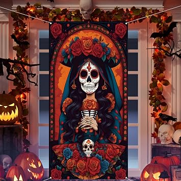 Day of The Dead Door Cover Dia De Los Muertos Backdrop Sugar Skull Rose Altar Mexican Fiesta Party Decorations and Supplies for Home