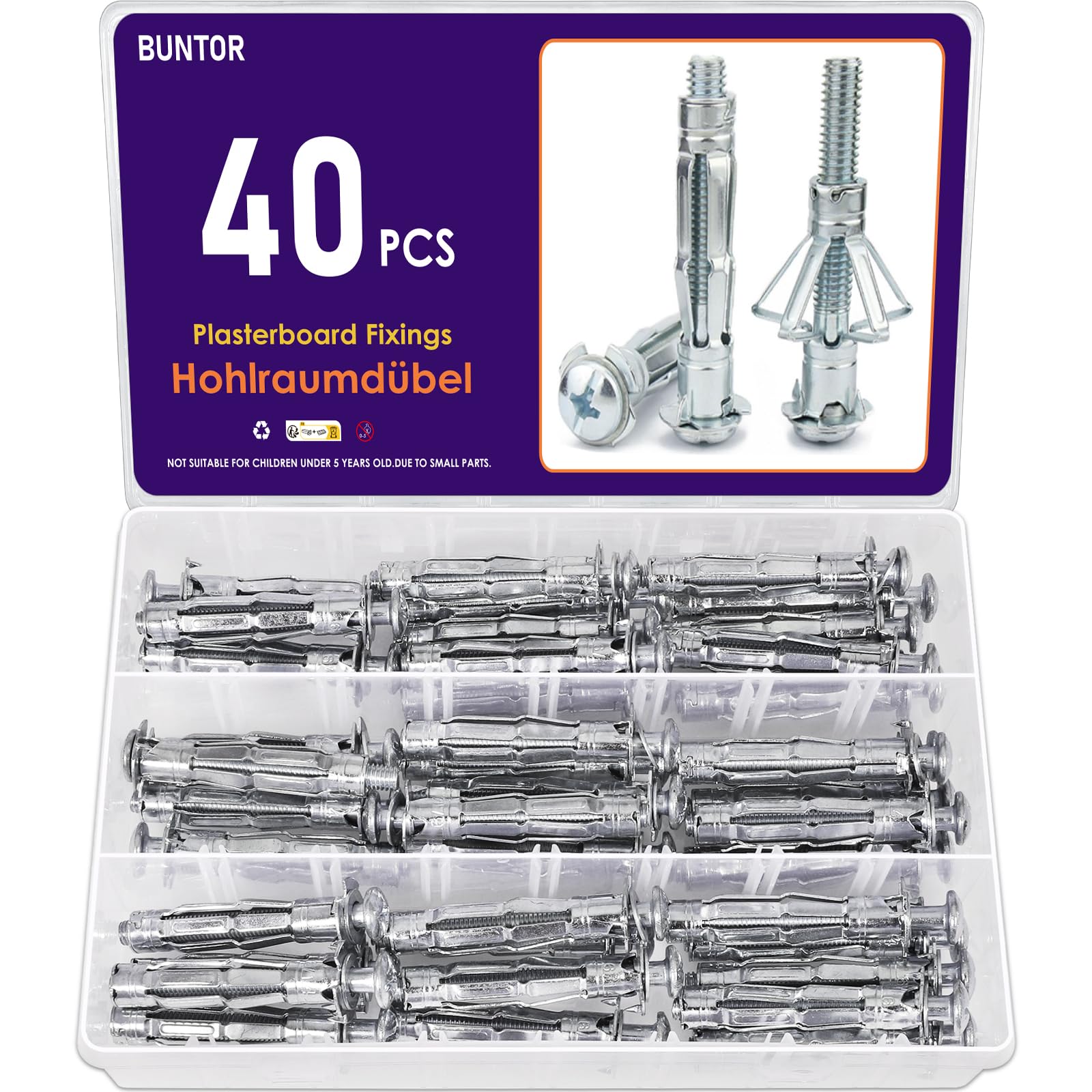 BUNTOR 40PCS M6×52mm Hollow Wall Fixings Anchor, Plasterboard Fixings Plug, Heavy Duty Metal Plasterboard Cavity Wall Fixing, Drywall Anchors, Dry Anchor Screws for Gypsum Board, Drywall