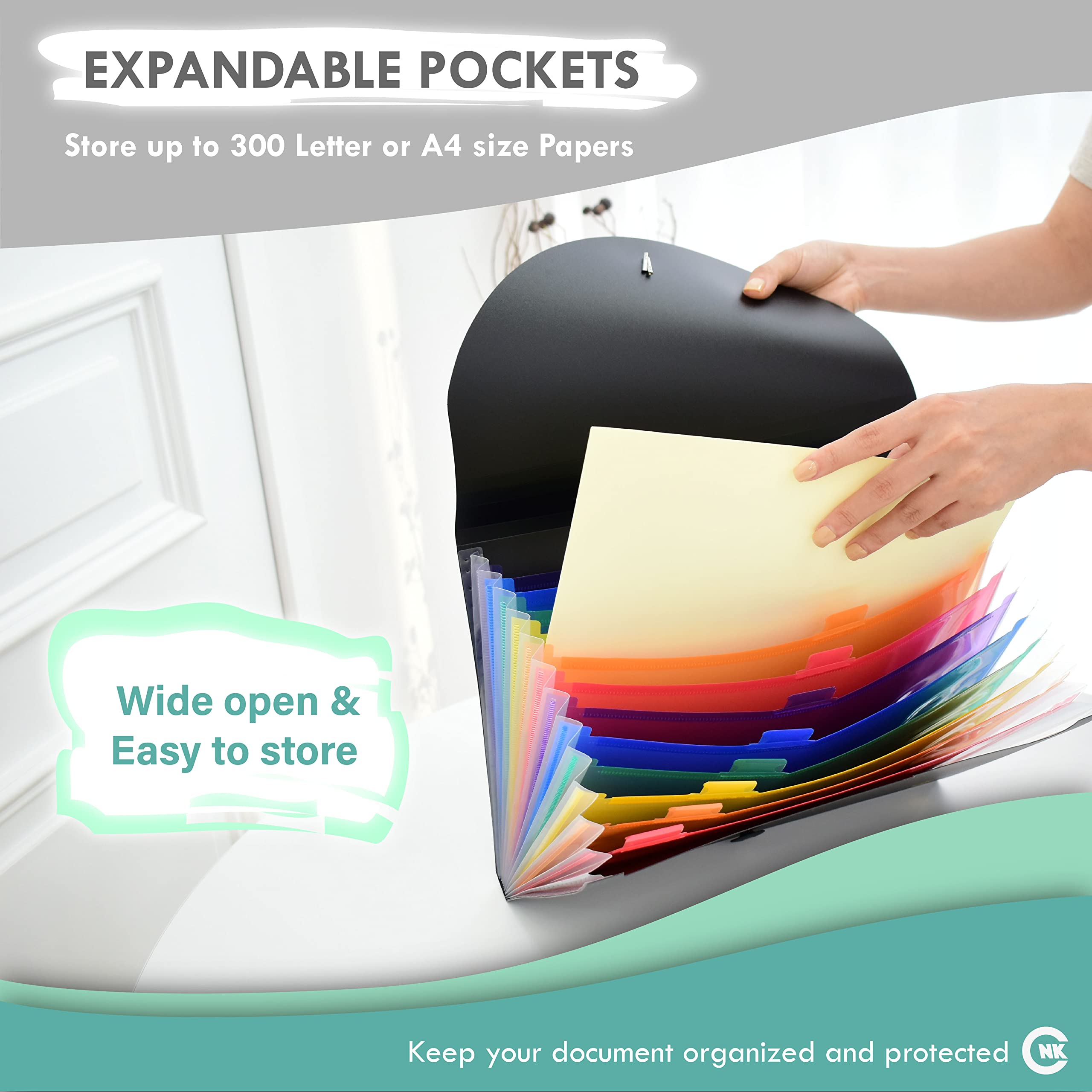 CNK Cartella portadocumenti espandibile, con 13 tasche, formato A4, espandibile, organizer per documenti a fisarmonica, con linguette adesive, divisori per documenti, lettere, documenti e posta